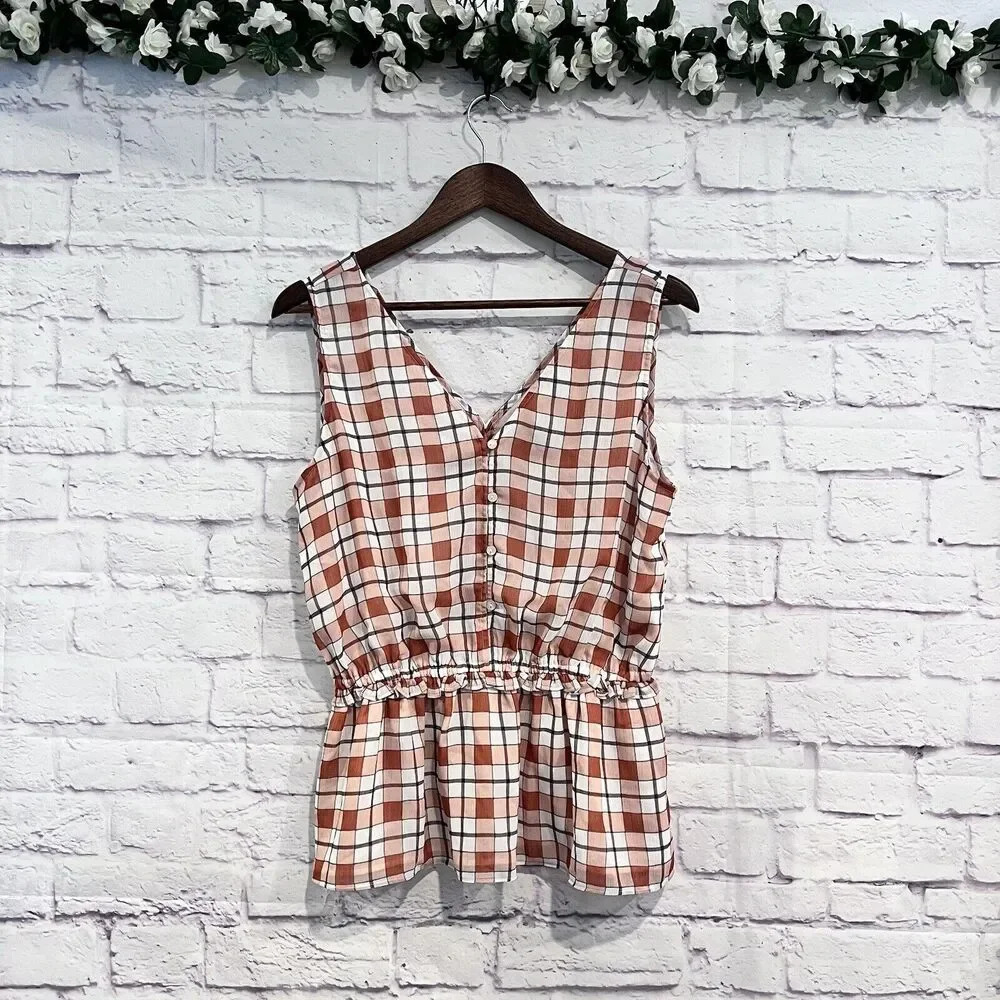 Ann‎ Taylor Factory Top Size Medium Orange Plaid Peplum Tank Lined Career Casual